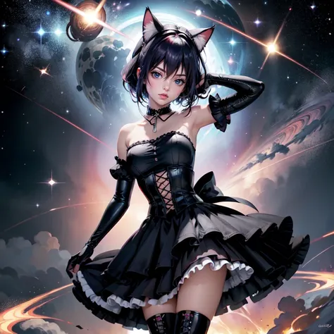 1girl, black maid dress, jewelry, dark blue hair, flowing hair, heterochromia, short hair, black maid dress with a short skirt and layers, black laces, black boots, black dress with transparency, gold details on her clothes, cat ears, animal ears,  more de...