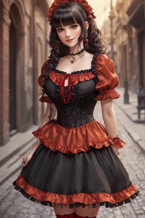 1woman, masterpiece, best quality, ultra-detailed, beautiful detailed, (((extremely detailed face))), (((blunt bangs))), (((big frills and ribbon))), grin, (((red blouse))), (black skirt), suspender dress, frills, lace, (long hair), ((garter belt)), (((pie...