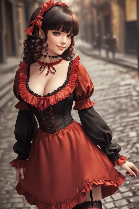 1woman, masterpiece, best quality, ultra-detailed, beautiful detailed, (((extremely detailed face))), (((blunt bangs))), (((big frills and ribbon))), grin, (((red blouse))), (black skirt), suspender dress, frills, lace, (long hair), ((garter belt)), (((pie...