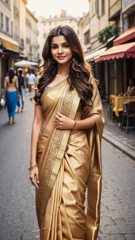 A young-aged Caucasian happy woman with long brown wavy hair, saree, and posing for a headshot against a bright street background, trending on artstation, portrait, digital art, modern, sleek, highly detailed, formal, determined, wearing saree, in venisce ...