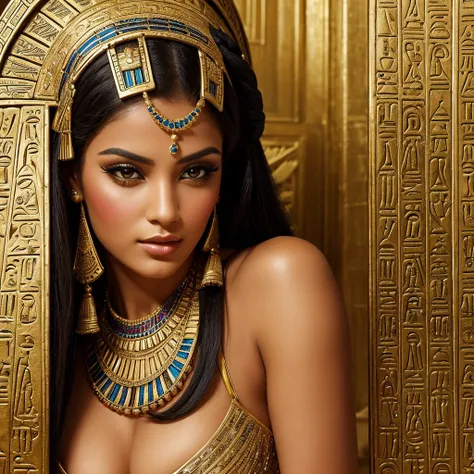 an artistic interpretation of a beautiful woman in egyptian style, characterized by a distinctive bun hat covering part of her f...