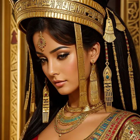 an artistic interpretation of a beautiful woman in egyptian style, characterized by a distinctive bun hat covering part of her f...