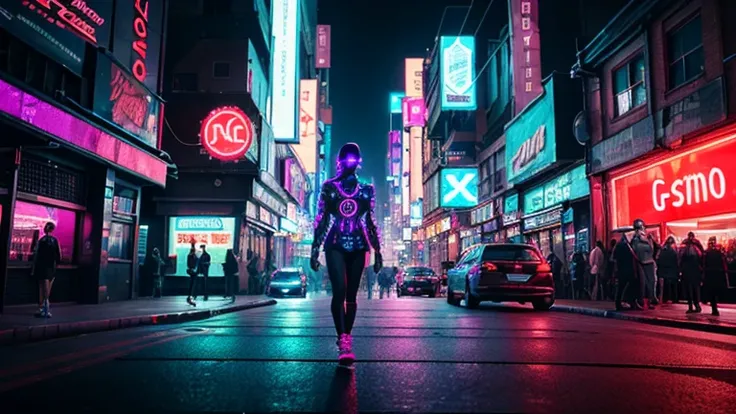 a beautiful girl walking in the streets of a futuristic city in 2077, neon lights, flying vehicles in the background, highly detailed, photorealistic, 8k, award winning, cinematic lighting, intricate architecture, glowing neon signs, holographic displays, ...