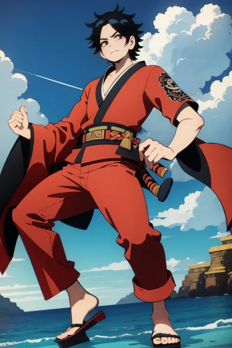 portgas d. ace version scott_pilgrim_style, preferably a japanese kimono-type outfit for men, samurai style.