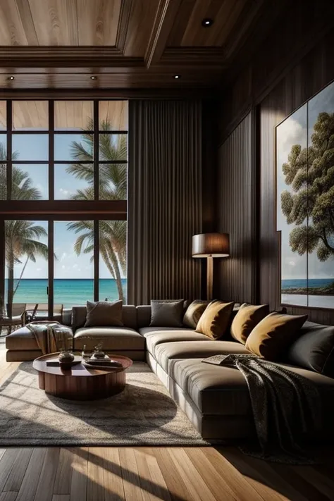 Inside the meticulously crafted hyper-realistic beachside chalet, the walls are adorned with exquisite artwork that beautifully captures the essence of the coastal landscape. The polished mahogany wood bar, shimmering under the natural light that filters i...