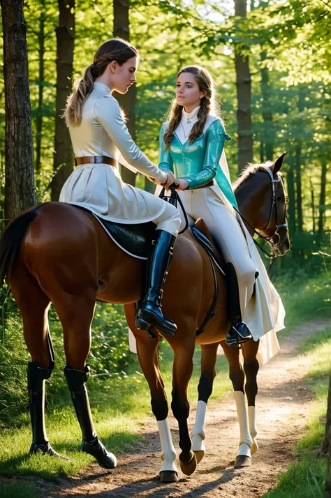 a breathtaking cinematic photo capturing the essence of two young equestrian athletes talking to each other. the first athlete, ...