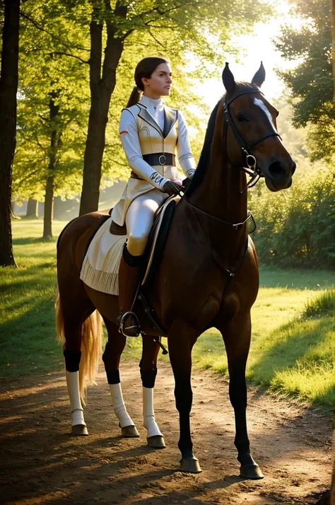 a breathtaking cinematic photo capturing the essence of two young equestrian athletes talking to each other. the first athlete, ...