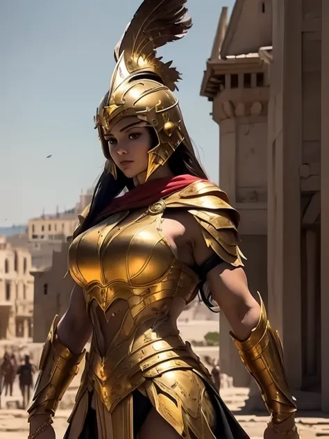 beautiful warrior woman in golden greek armor, porfect human face detailed,  jet black hair, hoplite helmet, muscular, huge nake...