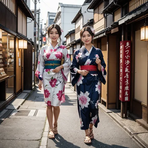 a beautiful young woman in a traditional japanese yukata walking down a street, japan with japanese signs and shop fronts, highl...