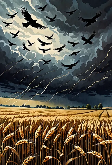 a flock of crows flying away from a wheat field in a cloudy darkened scene with thunders, dark fantasy paper style from the 70s,...