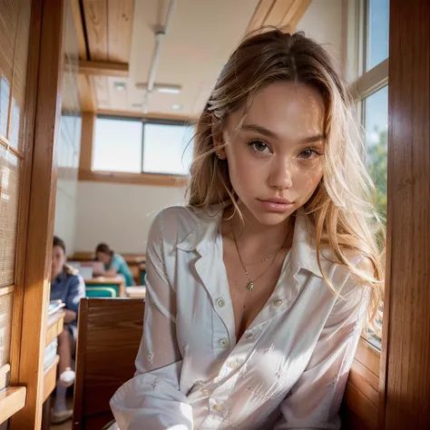 Realistic photo of a beautiful 18 year old (((ALEXIS-REN))), (best quality,ultra-detailed,realistic:1.2),beautiful detailed eyes,beautiful detailed lips, blonde hair, student, classroom, learning,  sitting at desk, books, teacher, pencil, school girl skirt...