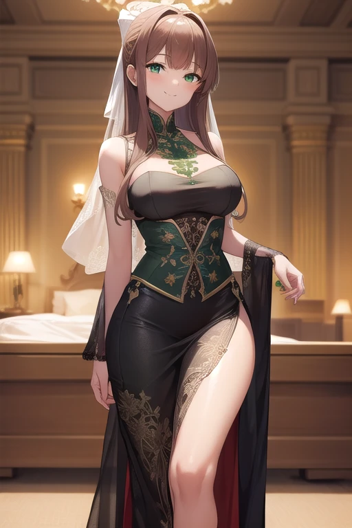 ddlcmonika, ddlcmonika, blunt bangs, brown hair, (green eyes:1.5), long hair, decorated with a very elegant and a classic floor-...