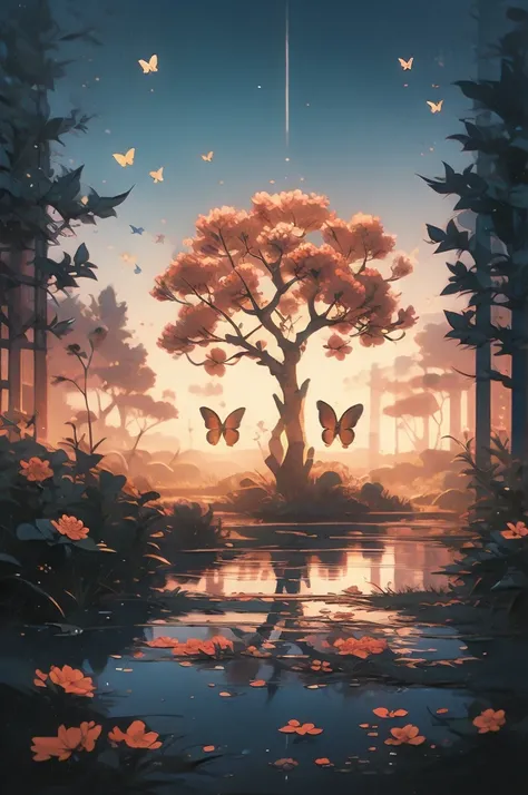 a painting of a tree with flowers and butterflies in the sky, 🌺 cgsociety, magical flowers, glowing flowers, night sky full of flowers, very beautiful digital art, beautiful digital artwork, dawn cgsociety, trending on cgsociety art, beautiful digital art,...