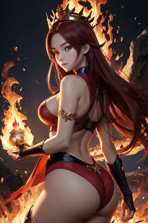 Sexy anime girl with big  and big ass and red eyes with fire elemental powers. Also , she wears a crown and she doesnt have any clothes.