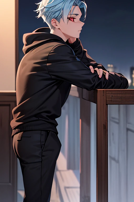 masterpiece, best quality, ultra-detailed, illustration, 1boy, solo, black hoodie,black trousers, standing, at night, looking aw...