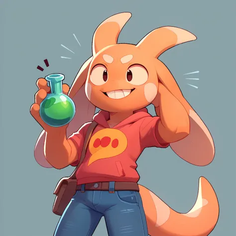 an anthropomorphic furball monster, male, with long ears, pointy teeth, who smiles, pop fizz, dressed in jeans, with a green potion in his hand