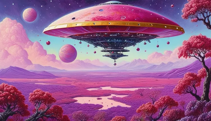 an astronaut with apples on an alien planet among local coral trees made of precious rubies, a flying saucer against a purple sky (by Vincent-Di-Fate), fresh watercolor palette canvas/acrylic, intricate, extreme detail, complex key, ((single shot)), ((best...