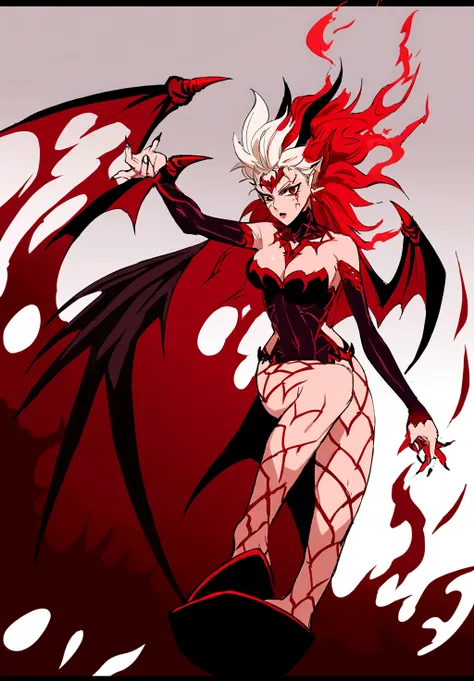 anime character with red and white hair and a red cape, djinn woman female demon, female djinn woman demon hybrid, an epic anime of a energy woman, full body devil woman, demon female, demon hero, human female demon, emitting evil red aura, fire!! full bod...