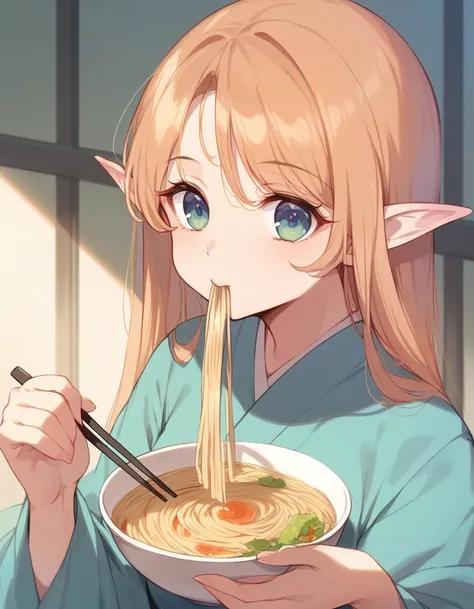 BREAK Perfect Anatomy、(High resolution:1.2)、Incredible illustrations、(Cute illustrations:1.2)、（Beautiful background） elf　(blowing Japanese noodles out of her mouth)