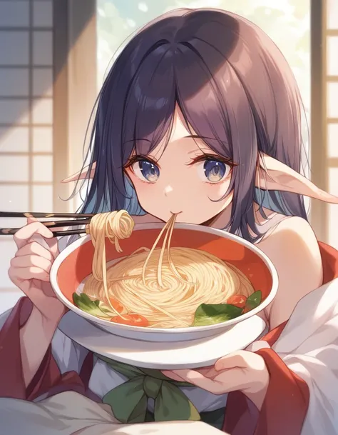 BREAK Perfect Anatomy、(High resolution:1.2)、Incredible illustrations、(Cute illustrations:1.2)、（Beautiful background） elf　(blowing Japanese noodles out of her mouth)