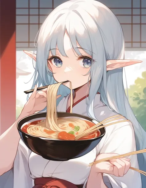 BREAK Perfect Anatomy、(High resolution:1.2)、Incredible illustrations、(Cute illustrations:1.2)、（Beautiful background） elf　(blowing Japanese noodles out of her mouth)