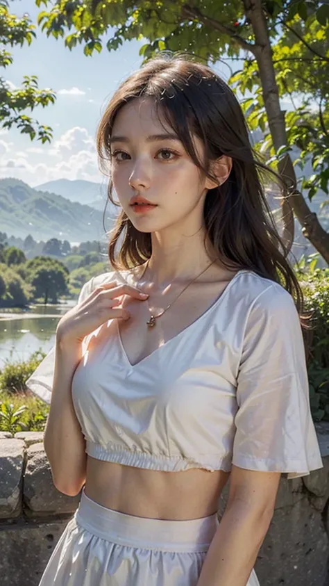 1 girl, happy expression, charming eyes, straight long hair, flowing skirt, big, looking at the sun, calm posture, porcelain-like skin, subtle blush, crystal pendant BREAK Golden Hour, (edge lighting): 1.2, cool colors, sun flare, soft shadows, bright colo...