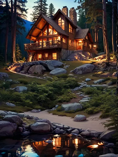 awesome cabin home , amazing lighting, exterior shot set in forest