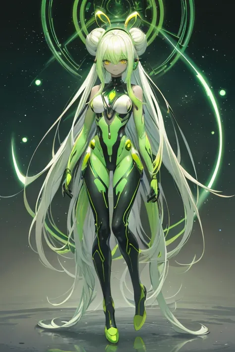 alien woman, antennas on head, tentacles, yellow colored-eyes, (alien sci-fi women, green colored-skin, long white colored-hair,...