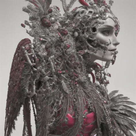 complex 3d render ultra detailed beautiful death angel, biomechanical cyborg, analog 150 mm lens, beautiful natural soft rim light, crystal feathers, roots, fine foliage lace, colorful details, Boris Bidjan Saberi outfit, pearl earrings, piercing, art nouv...