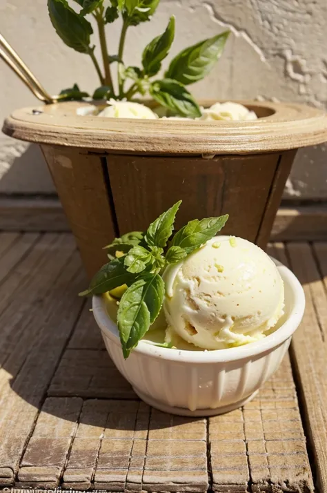 Ice cream - miniature candy made from natural juices, for quick consumption. in Provence style. A sprig of basil and fresh lemon play the main notes in the ice cream.