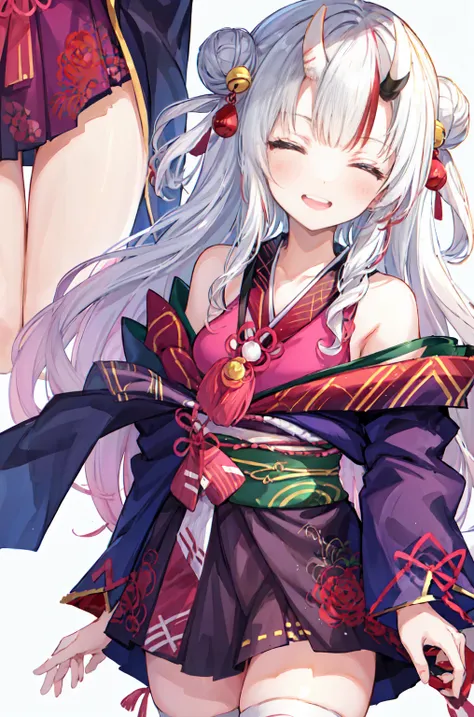 girl, 独奏,big, masterpiece, Highest quality, smile、Close-up of face、A big smile、Close your eyes and laugh、Nakiri Ayame, long hair, double bun, AyameBase, black kimono, hair bell, obi, white thighhighs, bare shoulders, long sleeves