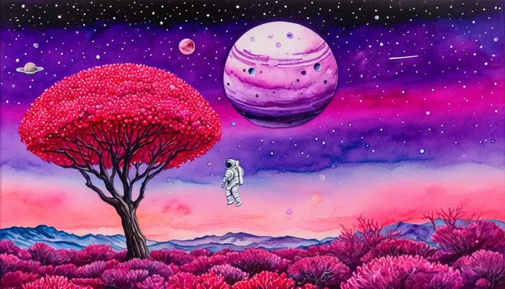 [front view] ((an astronaut)), apples on an alien planet among local coral trees made of precious rubies, a flying saucer against a purple sky (by Vincent-Di-Fate), fresh watercolor palette canvas/acrylic, intricate, extreme detail, complex key, ((single s...