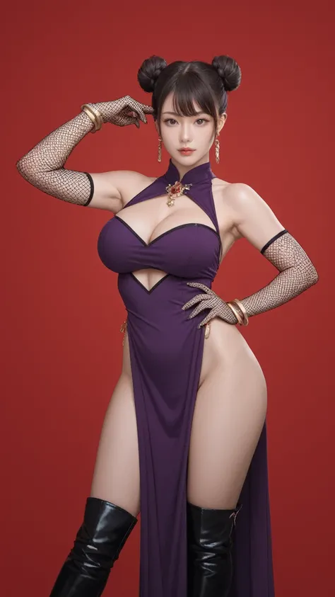 realistic,score_9, score_8_up, score_7_up, 
red background,1girl,solo,looking at viewer,standing,cowboy shot,large breasts,purple dress,cleavage cutout,jewelry,pelvic curtain,animal ears,double bun,elbow gloves,fishnet gloves,bracelet,thigh boots,