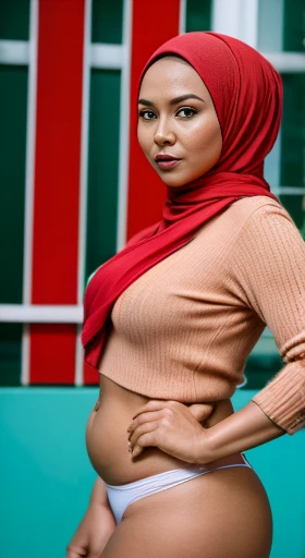 Vogue style side view portrait photo shoot of 45 years old indonesian woman in hijab wearing red bikini with pastel colored background in Wes Anderson style, side view, seducing pose, detail skin texture, big sagging breast, dark , camel toe, round firm br...