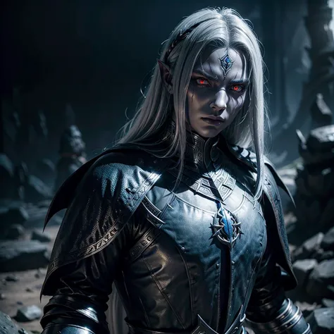 A dunmer wearing ebony mail, intricate ebony armor, glowing red eyes, long white hair, striking a powerful pose, dark fantasy, cinematic lighting, dramatic shadows, highly detailed, unreal engine, matte painting style, moody colors, deep shades of blue, pu...