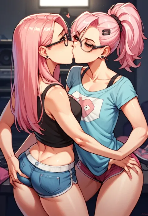 2 girls grabbing ass, kissing, in a gamer room, pink  hair, with glasses