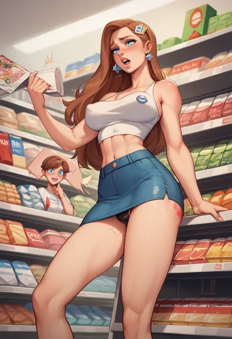 A most Beauty mother-in-law　tiny height, ,　shopping　Supermarket　brown Hair　long hair　girly hairpin　White knitted crop top　((Mother and kiddaughter have the most beautiful breasts)),　micromini skirt　squat, broken home, gangs, (masterpiece), best quality, ex...