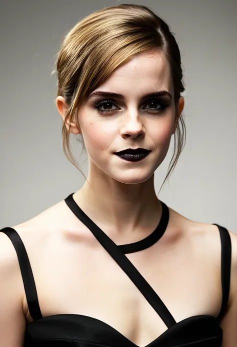 Emma watson,((nude)), queen, fully body, blonde hair, bangs hairstyle, pale skin, high detail, highly detailed,  blank background, black fingernails on fingers, black lipstick, smirk
