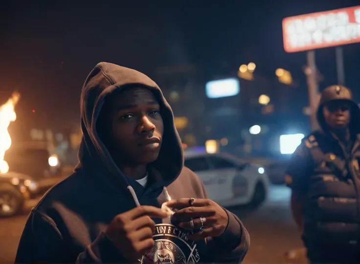 cinematic photo photo, realism, detailed
 rapper_granny made of dust, bronx at night, hoodie, ton with fire , alcohol, drugs, african police in background  . 35mm photograph, film, bokeh, professional, 4k, highly detailed