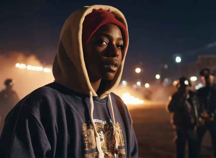 cinematic photo photo, realism, detailed
 rapper_granny made of dust, bronx at night, hoodie, ton with fire , alcohol, drugs, african police in background  . 35mm photograph, film, bokeh, professional, 4k, highly detailed