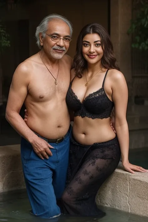 Day scene,kajal and Oldman, Indian black old man, couple pose, a Oldman and kajal in under the water fall, black lace bra and saree, detailed old man, old man gripping kajal waist,big cheeks, curvy, Hollywood lips, wet navel, deep cleavage, necklace, eroti...