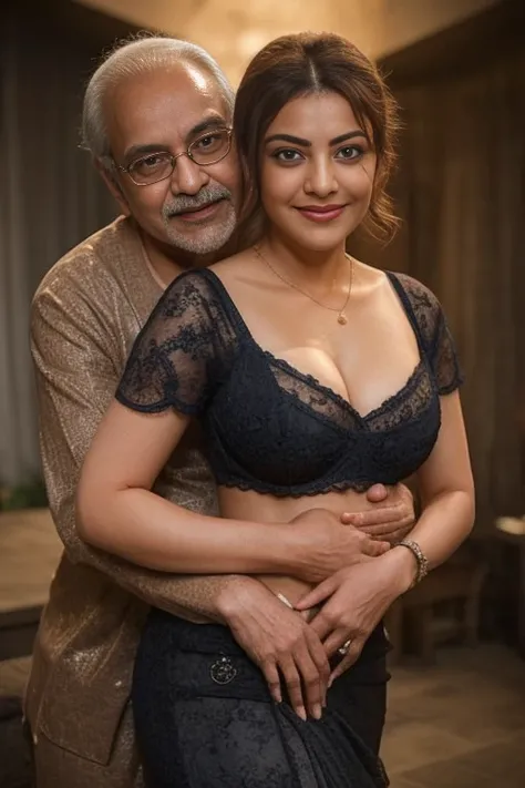 Day scene,kajal and Oldman, Indian black old man, couple pose, a Oldman and kajal in under the water fall, black lace bra and saree, detailed old man, old man gripping kajal waist,big cheeks, curvy, Hollywood lips, wet navel, deep cleavage, necklace, eroti...