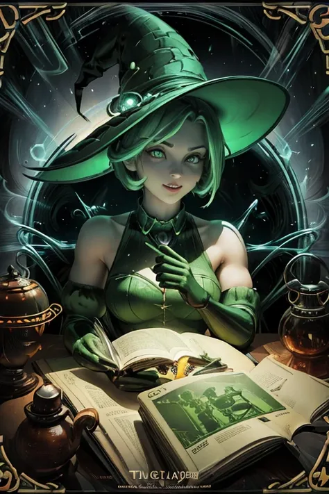 Trading card of A perfect photorealistic(RENDER512:1.1) of a cheerful witch in a cone-shaped hat, (green eyes:1.2), red hair, (green elbow-length gloves:1.2), potions shop, magical interior, working environment, there are magical vibes fluids and magical s...