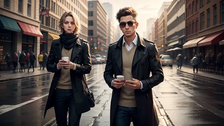 man in the city with backpack, trench coat, bone, catching rain, in the middle of the street, looking straight ahead