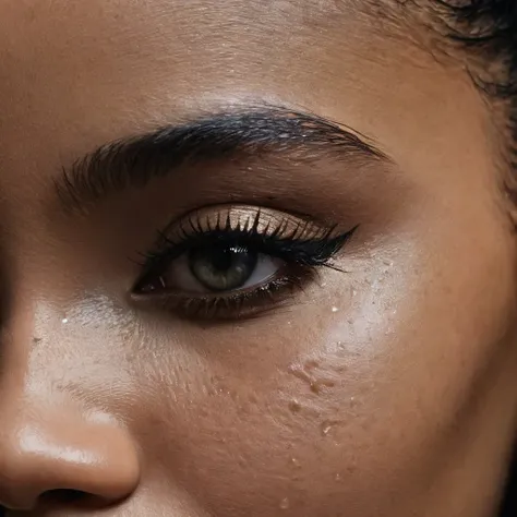 close up and zoomed in on a beautiful depressed emotional sad crying black girl with crying a single teardrop trail running down her face and a black background, sad, depressed, emotional, close up on side profile only showing cheek and eyelight falling on...