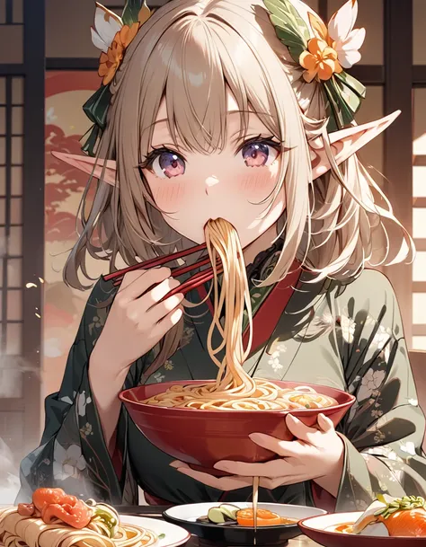 BREAK Perfect Anatomy、(High resolution:1.2)、Incredible illustrations、(Cute illustrations:1.2)、（Beautiful background） elf　(blowing Japanese noodles out of her mouth)