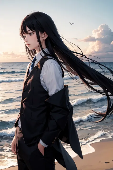 a young man with long Black Hair and a vest on standing in front of the ocean with a blue sky空, (1 Girl:0.955), (Bangs:0.575), (black eyes:0.572), (Black Hair:0.709), (blue sky空:0.985), (Shut up:0.536), (cloud:0.927), (sky:0.980), (horizon:0.816), (Japanes...