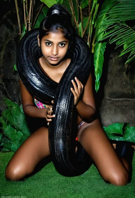 I’m Happy Horny, aroused 1girl), beautiful kneeling Indian  young teen girl with  giant colossal black titanboa squeezing her hard, wrapped in thick spiraling coils, constricted, struggle, gasping for air, snake attack, snake peril, moonless night, dim lig...