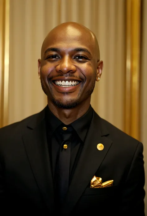 bald black man hip hop executive in suit and tie ((smiling with a  gold tooth:1.3)) in large conference room.