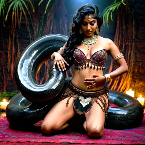   topless Happy Horny, aroused 1girl), beautiful kneeling indian young teen belly dancer with  giant colossal black titanboa squeezing her hard, wrapped in thick spiraling coils, constricted, struggle, gasping for air, snake attack, snake peril, moonless n...